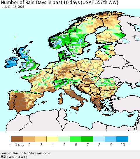 Europe Number of Rain Days in past 10 days (USAF 557th WW) Thematic Map For 7/11/2023 - 7/15/2023