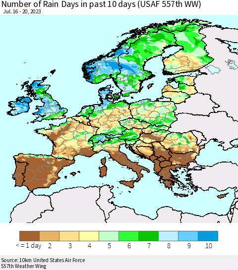 Europe Number of Rain Days in past 10 days (USAF 557th WW) Thematic Map For 7/16/2023 - 7/20/2023