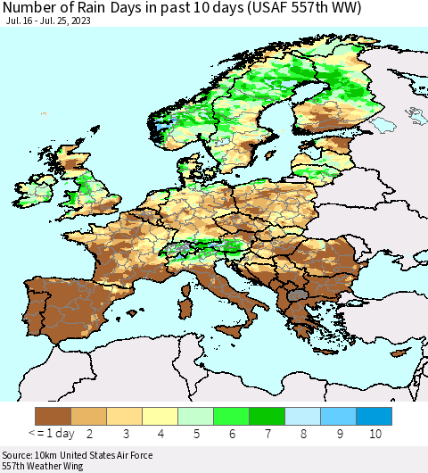Europe Number of Rain Days in past 10 days (USAF 557th WW) Thematic Map For 7/21/2023 - 7/25/2023