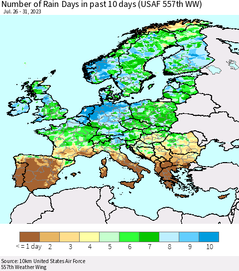 Europe Number of Rain Days in past 10 days (USAF 557th WW) Thematic Map For 7/26/2023 - 7/31/2023