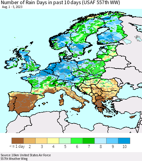 Europe Number of Rain Days in past 10 days (USAF 557th WW) Thematic Map For 8/1/2023 - 8/5/2023