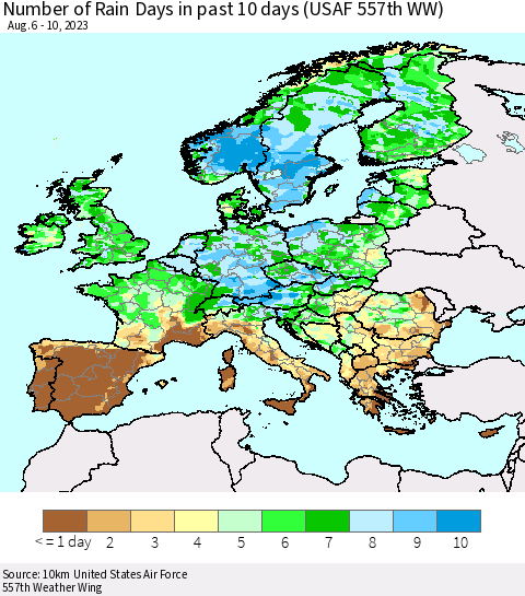 Europe Number of Rain Days in past 10 days (USAF 557th WW) Thematic Map For 8/6/2023 - 8/10/2023