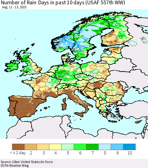 Europe Number of Rain Days in past 10 days (USAF 557th WW) Thematic Map For 8/11/2023 - 8/15/2023