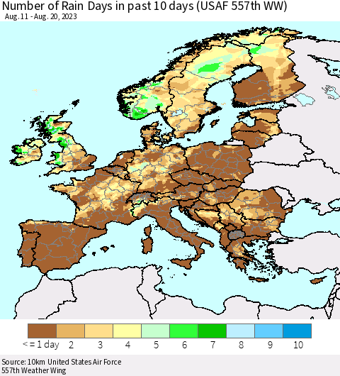 Europe Number of Rain Days in past 10 days (USAF 557th WW) Thematic Map For 8/16/2023 - 8/20/2023