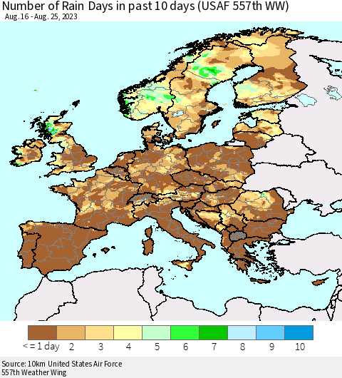 Europe Number of Rain Days in past 10 days (USAF 557th WW) Thematic Map For 8/21/2023 - 8/25/2023