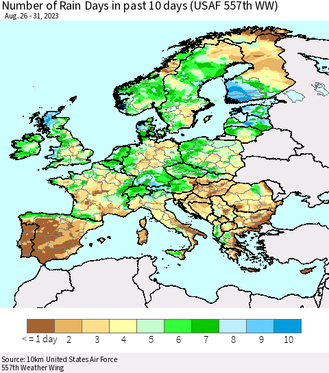 Europe Number of Rain Days in past 10 days (USAF 557th WW) Thematic Map For 8/26/2023 - 8/31/2023