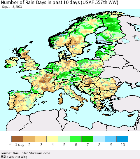 Europe Number of Rain Days in past 10 days (USAF 557th WW) Thematic Map For 9/1/2023 - 9/5/2023