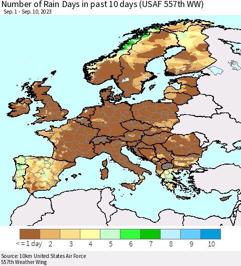 Europe Number of Rain Days in past 10 days (USAF 557th WW) Thematic Map For 9/6/2023 - 9/10/2023