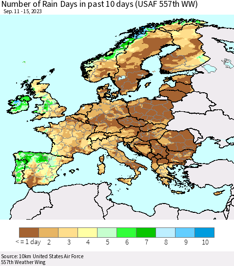 Europe Number of Rain Days in past 10 days (USAF 557th WW) Thematic Map For 9/11/2023 - 9/15/2023