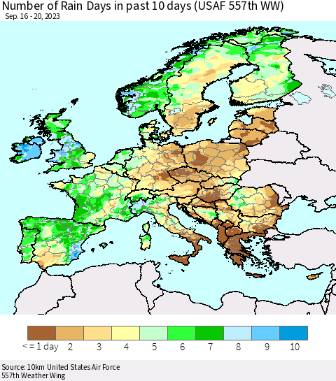 Europe Number of Rain Days in past 10 days (USAF 557th WW) Thematic Map For 9/16/2023 - 9/20/2023