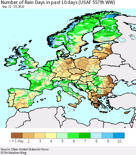 Europe Number of Rain Days in past 10 days (USAF 557th WW) Thematic Map For 9/21/2023 - 9/25/2023
