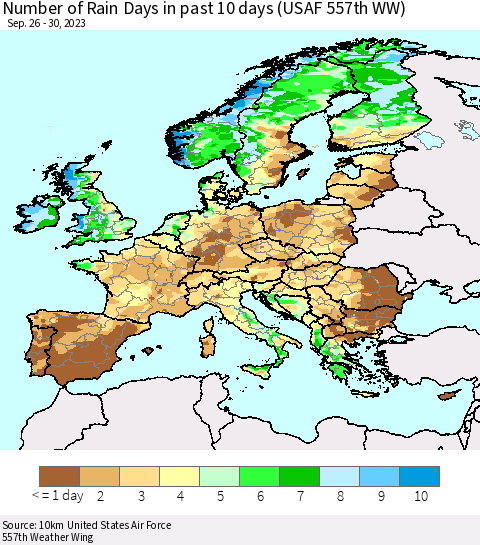 Europe Number of Rain Days in past 10 days (USAF 557th WW) Thematic Map For 9/26/2023 - 9/30/2023
