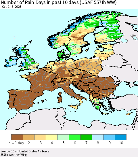 Europe Number of Rain Days in past 10 days (USAF 557th WW) Thematic Map For 10/1/2023 - 10/5/2023
