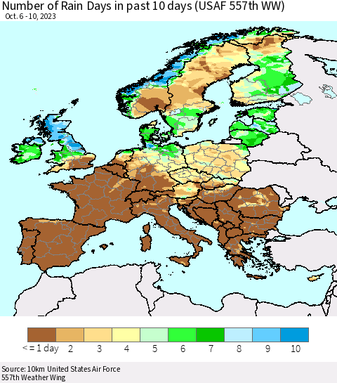 Europe Number of Rain Days in past 10 days (USAF 557th WW) Thematic Map For 10/6/2023 - 10/10/2023