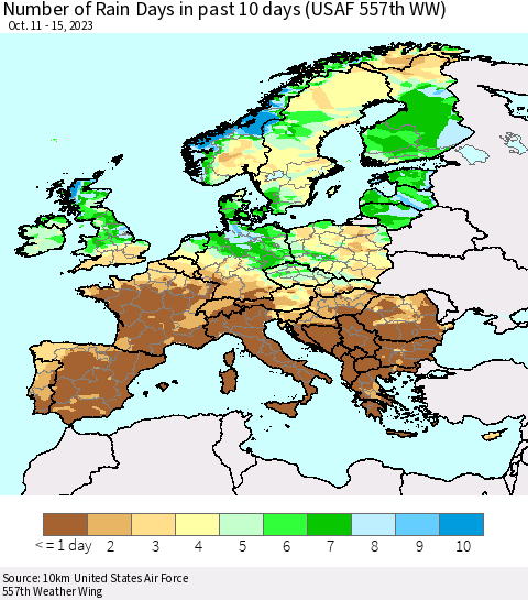 Europe Number of Rain Days in past 10 days (USAF 557th WW) Thematic Map For 10/11/2023 - 10/15/2023