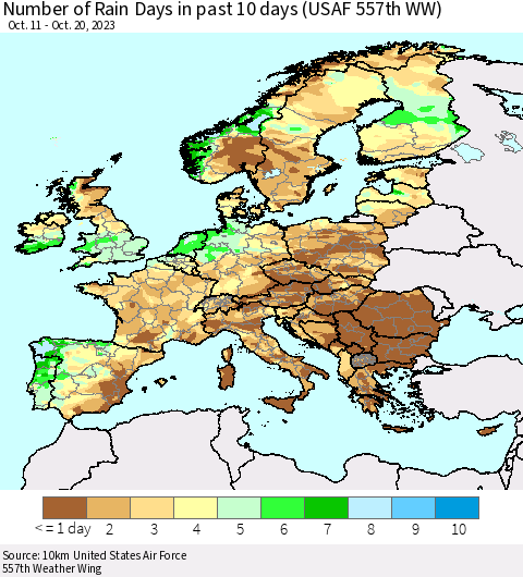 Europe Number of Rain Days in past 10 days (USAF 557th WW) Thematic Map For 10/16/2023 - 10/20/2023