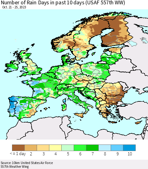 Europe Number of Rain Days in past 10 days (USAF 557th WW) Thematic Map For 10/21/2023 - 10/25/2023
