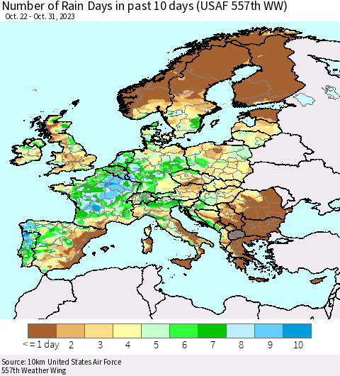Europe Number of Rain Days in past 10 days (USAF 557th WW) Thematic Map For 10/26/2023 - 10/31/2023