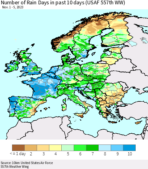 Europe Number of Rain Days in past 10 days (USAF 557th WW) Thematic Map For 11/1/2023 - 11/5/2023