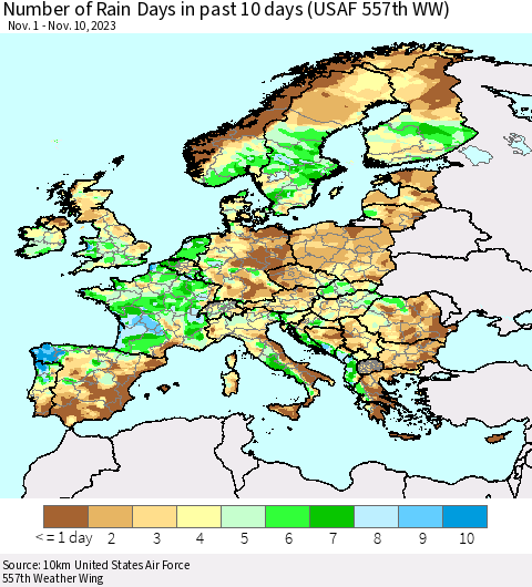 Europe Number of Rain Days in past 10 days (USAF 557th WW) Thematic Map For 11/6/2023 - 11/10/2023