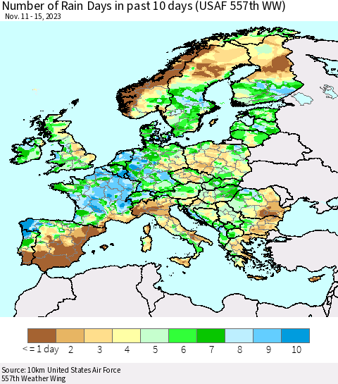 Europe Number of Rain Days in past 10 days (USAF 557th WW) Thematic Map For 11/11/2023 - 11/15/2023
