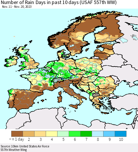 Europe Number of Rain Days in past 10 days (USAF 557th WW) Thematic Map For 11/16/2023 - 11/20/2023