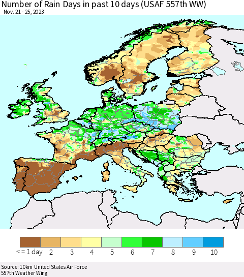 Europe Number of Rain Days in past 10 days (USAF 557th WW) Thematic Map For 11/21/2023 - 11/25/2023