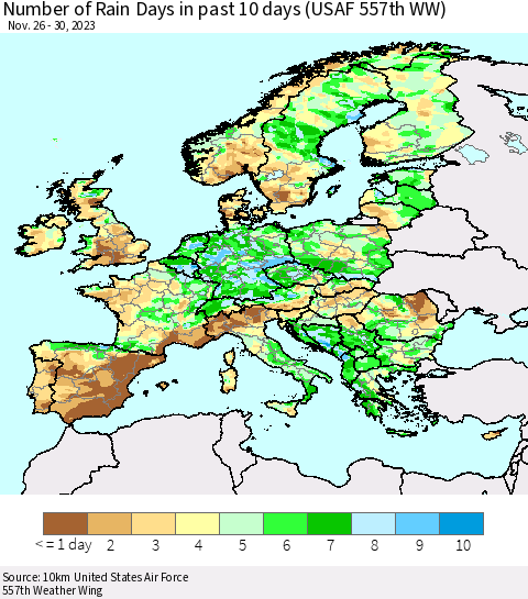 Europe Number of Rain Days in past 10 days (USAF 557th WW) Thematic Map For 11/26/2023 - 11/30/2023