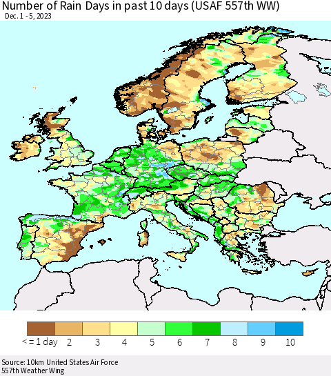 Europe Number of Rain Days in past 10 days (USAF 557th WW) Thematic Map For 12/1/2023 - 12/5/2023