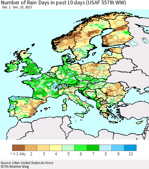 Europe Number of Rain Days in past 10 days (USAF 557th WW) Thematic Map For 12/6/2023 - 12/10/2023