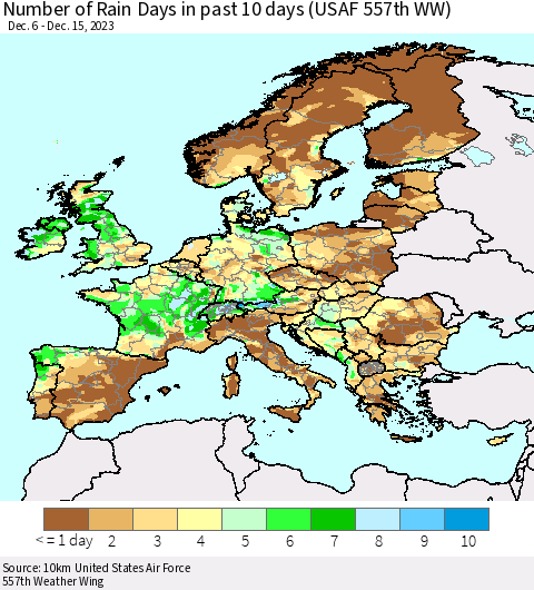 Europe Number of Rain Days in past 10 days (USAF 557th WW) Thematic Map For 12/11/2023 - 12/15/2023