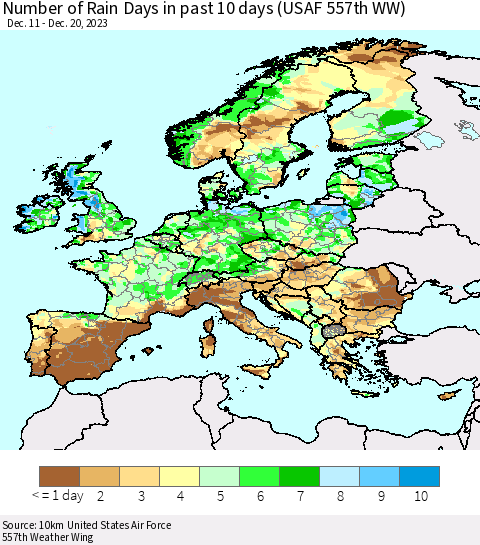 Europe Number of Rain Days in past 10 days (USAF 557th WW) Thematic Map For 12/16/2023 - 12/20/2023
