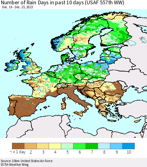 Europe Number of Rain Days in past 10 days (USAF 557th WW) Thematic Map For 12/21/2023 - 12/25/2023