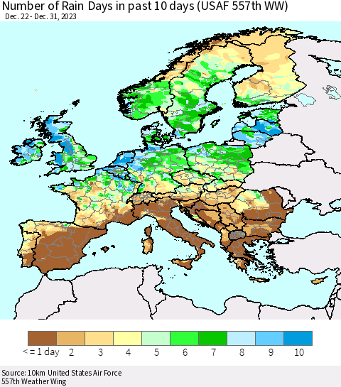 Europe Number of Rain Days in past 10 days (USAF 557th WW) Thematic Map For 12/26/2023 - 12/31/2023