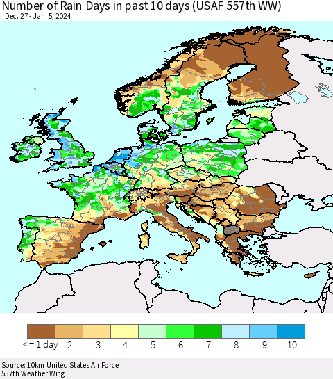 Europe Number of Rain Days in past 10 days (USAF 557th WW) Thematic Map For 1/1/2024 - 1/5/2024