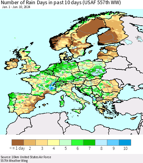 Europe Number of Rain Days in past 10 days (USAF 557th WW) Thematic Map For 1/6/2024 - 1/10/2024
