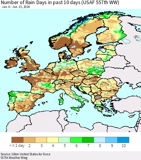Europe Number of Rain Days in past 10 days (USAF 557th WW) Thematic Map For 1/11/2024 - 1/15/2024