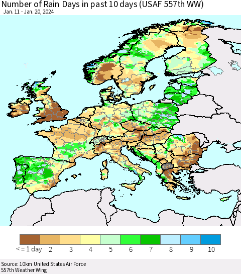 Europe Number of Rain Days in past 10 days (USAF 557th WW) Thematic Map For 1/16/2024 - 1/20/2024
