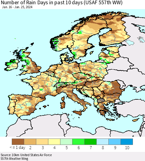 Europe Number of Rain Days in past 10 days (USAF 557th WW) Thematic Map For 1/21/2024 - 1/25/2024