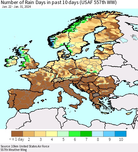 Europe Number of Rain Days in past 10 days (USAF 557th WW) Thematic Map For 1/26/2024 - 1/31/2024