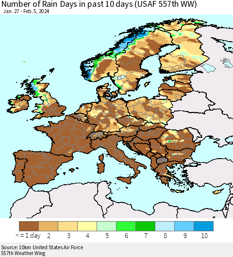 Europe Number of Rain Days in past 10 days (USAF 557th WW) Thematic Map For 2/1/2024 - 2/5/2024