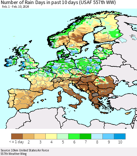 Europe Number of Rain Days in past 10 days (USAF 557th WW) Thematic Map For 2/6/2024 - 2/10/2024