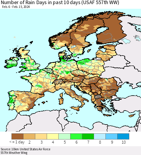 Europe Number of Rain Days in past 10 days (USAF 557th WW) Thematic Map For 2/11/2024 - 2/15/2024