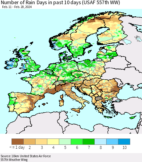 Europe Number of Rain Days in past 10 days (USAF 557th WW) Thematic Map For 2/16/2024 - 2/20/2024