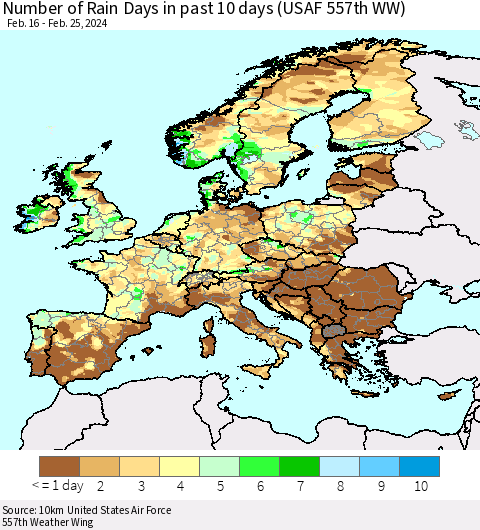 Europe Number of Rain Days in past 10 days (USAF 557th WW) Thematic Map For 2/21/2024 - 2/25/2024