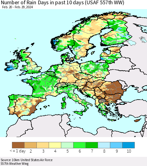 Europe Number of Rain Days in past 10 days (USAF 557th WW) Thematic Map For 2/26/2024 - 2/29/2024