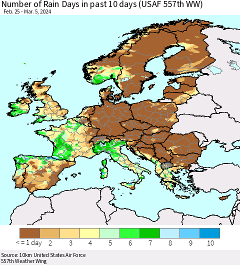 Europe Number of Rain Days in past 10 days (USAF 557th WW) Thematic Map For 3/1/2024 - 3/5/2024