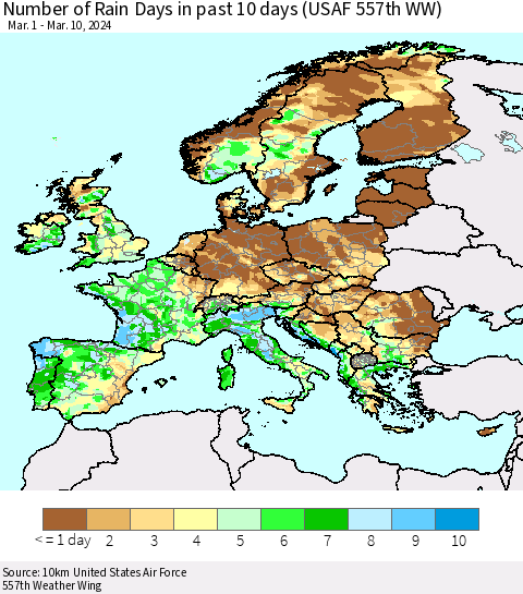 Europe Number of Rain Days in past 10 days (USAF 557th WW) Thematic Map For 3/6/2024 - 3/10/2024