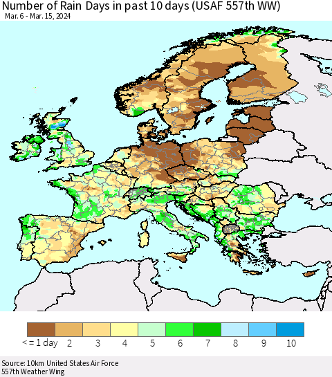 Europe Number of Rain Days in past 10 days (USAF 557th WW) Thematic Map For 3/11/2024 - 3/15/2024