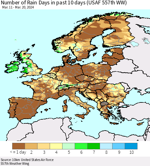Europe Number of Rain Days in past 10 days (USAF 557th WW) Thematic Map For 3/16/2024 - 3/20/2024